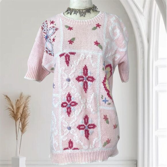 Vintage Light Blush Pink Boho Coquette Knitted Knit Shortsleeve Sweater Top M - Picture 1 of 7